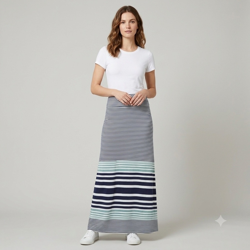 New MSSP Maxi Skirt Women L Navy Blue Striped Foldover Waist Coastal Nautical